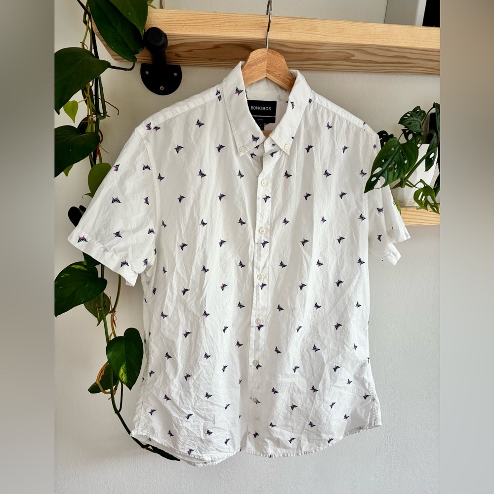 Bonobos White Shirt with Navy Butterfly Pattern